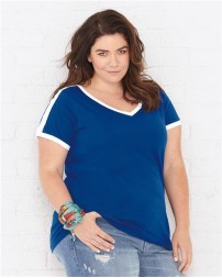 LAT 3832 Women's Curvy Retro Ringer Premium Jersey V-Neck Tee