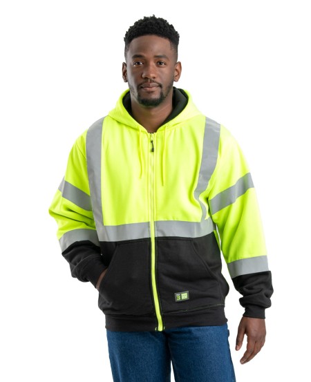 Berne HVF023 Men's Hi-Vis Class 3 Color Block Full-Zip Hooded Sweatshirt